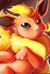  2014 ambiguous_gender blue_eyes blush eeveelution feral fire fire_breathing flareon fur looking_at_viewer nintendo open_mouth pok&eacute;mon red_fur solo tongue vermeilbird video_games yellow_fur 
