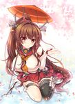  breasts brown_eyes brown_hair hair_ornament highres kantai_collection large_breasts long_hair miniskirt oriental_umbrella pleated_skirt ponytail single_thighhigh skirt smile solo thighhighs umbrella very_long_hair yamato_(kantai_collection) yuriko 