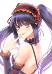  black_hair breasts clock_eyes date_a_live detached_sleeves ese_shinshi hairband heterochromia lolita_hairband long_hair looking_at_viewer medium_breasts red_eyes sideboob solo symbol-shaped_pupils tokisaki_kurumi tongue twintails white_background yellow_eyes 