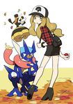  ankle_boots baseball_cap blonde_hair boots devanohundosi full_body gen_4_pokemon gen_6_pokemon greninja hat long_hair miniskirt poke_ball pokemon pokemon_(creature) pokemon_(game) pokemon_xy serena_(pokemon) skirt thighhighs vespiquen yellow_eyes 