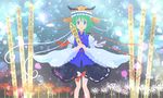  :o arm_ribbon black_skirt blue_hair flower frills green_hair hat knees light_particles long_sleeves mob_cap nin_(female) paddle parted_lips puffy_long_sleeves puffy_sleeves ribbon ribbon-trimmed_skirt ribbon_trim rod_of_remorse shiki_eiki skirt solo spider_lily standing touhou vest wide_sleeves 