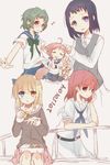  5girls :o animal_ears blonde_hair blush bow bowtie bunny_ears chibi chopsticks couple dated fox fox_ears fud fukuji_mihoko glasses green_bow green_hair green_neckwear heterochromia highres kazekoshi_school_uniform kemonomimi_mode kiyosumi_school_uniform kokaji_sukoya long_hair looking_at_viewer lunchbox miyanaga_teru multiple_girls navel parted_lips railing red_hair rice saki school_uniform serafuku shiraitodai_school_uniform shirt short_hair short_sleeves skirt smile someya_mako tail takei_hisa thinking white_shirt winter_uniform yuri 