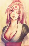  baiken breasts cleavage collarbone facial_mark guilty_gear hitsuki_(hiidukii) japanese_clothes kimono large_breasts long_hair obi one-eyed one_eye_closed pink_eyes pink_hair ponytail sash scar scar_across_eye solo twitter_username 