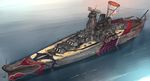  akasaai cannon crane dazzle_paint flag kantai_collection kantai_collection_(anime) military military_vehicle no_humans object_namesake ocean oriental_umbrella pole rising_sun ship sunburst turret umbrella warship water watercraft yamato_(battleship) yamato_(kantai_collection) 