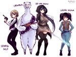  alpaca black_hair breasts brown_hair chewbacca cloak completion_time cosplay energy_sword flat_chest greedo greedo_(cosplay) gun han_solo han_solo_(cosplay) handgun hands_on_hips hood jedi koizumi_hanayo large_breasts lightsaber long_hair love_live! love_live!_school_idol_project low_twintails maullarmaullar multiple_girls obi-wan_kenobi obi-wan_kenobi_(cosplay) pistol pun purple_eyes purple_hair red_eyes rifle short_hair short_twintails star_wars sword thighhighs toujou_nozomi twintails weapon wide_hips yazawa_nico 