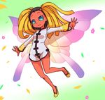  aqua_eyes bare_legs black_hair bodysuit breasts butterfly_wings chinese_clothes dress fairy flower full_body gradient gradient_background hua-po light_smile long_sleeves multicolored multicolored_wings no_pupils nollety outstretched_arms red_skin shin_megami_tensei shoes short_dress short_hair side_slit slippers small_breasts smile solo spread_arms wings 