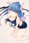  blue_hair breasts hair_ribbon i-19_(kantai_collection) kantai_collection large_breasts long_hair mozuya_(hisai) one-piece_swimsuit purple_eyes ribbon school_swimsuit solo star star-shaped_pupils swimsuit symbol-shaped_pupils torn_clothes torn_swimsuit twintails 