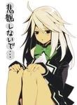  8055 ahoge black_eyes blonde_hair bow bowtie dark_skin guilty_gear guilty_gear_xrd hands_on_own_knees long_hair long_sleeves open_mouth platinum_blonde_hair puffy_long_sleeves puffy_sleeves ramlethal_valentine sitting solo translated triangle_mouth 