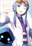  ;d animal_print bat_print blue_eyes blue_hair frankenstein's_castle goggles goggles_on_head kei-suwabe labcoat long_hair long_sleeves necktie one_eye_closed open_mouth oshiro_project sidelocks smile solo stitches twitter_username 