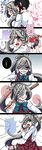  :d ahoge anger_vein asashimo_(kantai_collection) blush bow bowtie comic female_admiral_(kantai_collection) grey_eyes grey_hair grin hair_over_one_eye highres hinaco kantai_collection long_hair military military_uniform multiple_girls naval_uniform open_mouth pantyhose pleated_skirt ponytail shaded_face sharp_teeth skirt smile stick teeth translated uniform 