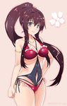  breasts brown_hair cherry_blossoms hand_on_hip jpeg_artifacts kantai_collection large_breasts long_hair looking_at_viewer mizuki_makoto navel_cutout ponytail smile solo swimsuit very_long_hair yamato_(kantai_collection) 