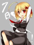  ahoge alternate_breast_size blonde_hair blush breasts hair_ribbon large_breasts looking_at_viewer md5_mismatch open_mouth red_eyes ribbon rumia short_hair simple_background skirt solo touhou us2s 