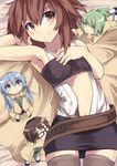  armor blush brown_eyes brown_hair looking_at_viewer lying multiple_girls normaland smile solo_focus thighhighs 