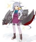  ahoge blush boots cannon full_body grey_eyes grey_hair grey_legwear hair_ribbon harapeko_(886011) kantai_collection kiyoshimo_(kantai_collection) long_hair looking_at_viewer low_twintails pantyhose ribbon school_uniform simple_background skirt smile solo sparkle twintails very_long_hair 