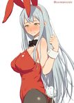  alternate_costume animal_ears blush breasts bunny_ears bunnysuit embarrassed from_side highres kantai_collection kurowan large_breasts long_hair off_shoulder pantyhose shoukaku_(kantai_collection) silver_hair solo very_long_hair yellow_eyes 