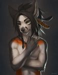 black_hair canine clothed clothing falvie fox fur green_eyes grey_fur hair half-dressed looking_at_viewer male mammal solo topless 