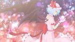  bat_wings blue_hair bow expressionless hat hat_bow light_particles mob_cap nin_(female) pink_shirt pink_skirt profile puffy_short_sleeves puffy_sleeves red_eyes remilia_scarlet ribbon-trimmed_skirt ribbon_trim shirt short_hair short_sleeves skirt solo touhou wings wrist_cuffs 