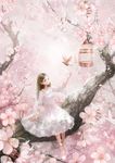  bird birdcage brown_eyes brown_hair cage cherry_blossoms dress in_tree original pink sitting sitting_in_tree smile tree wallacexi 