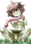  abs bare_legs blush brown_hair commentary_request fang green_skin hobgoblin_(touhou) horns looking_at_viewer pointy_ears scarf short_hair sitting smile solo touhou yellow_eyes yohane 