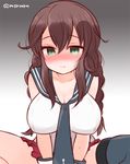  bad_id bad_twitter_id black_legwear blush braid breasts brown_hair cleavage collarbone gradient gradient_background green_eyes kantai_collection large_breasts long_hair marshmallow_mille noshiro_(kantai_collection) pleated_skirt red_skirt single_thighhigh sitting skirt smile solo thighhighs twin_braids twitter_username 