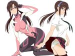  1girl adjusting_glasses ass blue_eyes breasts brown_hair cottage glasses highres kneeling large_breasts legs long_hair looking_at_viewer makinami_mari_illustrious neon_genesis_evangelion panties plugsuit school_uniform sideboob simple_background skirt smile thighhighs thighs twintails underwear white_background white_panties 