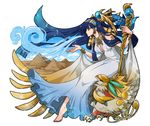  bad_id bad_pixiv_id barefoot bird black_hair blowing blue_eyes bracelet dress endou_(endo_saya) eyeliner headdress horus_(p&amp;d) isis_(p&amp;d) jewelry long_hair makeup making_of mother_and_son puzzle_&amp;_dragons pyramid staff very_long_hair 