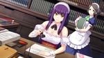  2girls akuma_musume_no_kanban_ryouri arute_(akuma_musume) bare_shoulders benimura_karu black_hair book breasts cleavage game_cg hair_bun highres large_breasts library long_hair looking_down maid maid_headdress multiple_girls paper purple_hair sitting smile standing table wrist_cuffs yellow_eyes 