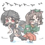  ahoge animal_ears black_hair black_legwear brown_eyes brown_hair dancing dress facial_hair fake_facial_hair fake_mustache futatsuiwa_mamizou glasses houjuu_nue japanese_clothes kureha_mitsushige leaf leaf_on_head multiple_girls mustache pointy_ears raccoon_ears raccoon_tail red_eyes tail thighhighs touhou 