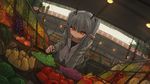  antlers apple bee_(deadflow) dragon_girl dutch_angle fang food fruit grapes grey_hair kuryuu_kohaku long_hair orange_eyes original pear pointy_ears solo twintails vegetable 