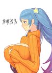  absurdres atg_(wttoo0202) bad_id bad_pixiv_id blue_eyes blue_hair blush breast_conscious breast_fondle breast_suppress breasts commentary highres huge_breasts inconvenient_breasts league_of_legends meme_attire open-chest_sweater orange_shirt shirt sleeves_past_wrists solo sona_buvelle sweater twintails 