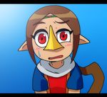  artist_request beak blue_background blush_stickers brown_hair cocked_eyebrow commentary_request long_hair looking_at_viewer medli open_mouth pointy_ears ponytail reaction red_eyes solo sweatdrop the_legend_of_zelda the_legend_of_zelda:_the_wind_waker uneven_eyes 