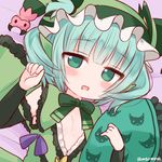  astaroth_(p&amp;d) bad_id bad_twitter_id bangs bed_sheet blunt_bangs blush bow bowtie breasts dress eyebrows_visible_through_hair fingernails frilled_dress frilled_hat frills green_dress green_eyes green_hair green_hat green_neckwear hands_up hat long_sleeves looking_at_viewer lying marshmallow_mille on_back parted_lips purple_ribbon puzzle_&amp;_dragons ribbon short_hair sidelocks small_breasts solo twintails twitter_username wavy_mouth 