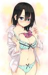  black_hair blue_bra blue_eyes blue_panties bow bra breasts cleavage dress_shirt hair_between_eyes large_breasts long_hair md5_mismatch navel no_pants open_clothes open_shirt original panties shirt solo standing unasaka_ryou underwear 