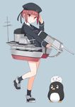  :o bird blue_background clothes_writing downscaled failure_penguin full_body hat highres kantai_collection leg_up long_sleeves machinery md5_mismatch miss_cloud open_mouth penguin red_eyes red_hair resized sailor_collar sailor_hat seedflare short_hair simple_background solo turret z3_max_schultz_(kantai_collection) 