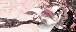  branch brown_eyes cup flower highres holding hood in_tree japanese_clothes kimono long_hair looking_at_viewer makodonburi original plum purple_hair sakazuki sitting sitting_in_tree solo tassel tree uchikake wide_sleeves 