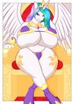  2015 anthro anthrofied big_breasts bra breasts chubby clothing crown female fingerless_gloves freckles_(artist) friendship_is_magic gloves gold hair hi_res multicolored_hair my_little_pony necklace panties princess_celestia_(mlp) purple_eyes sitting solo sparkles thick_thighs throne underwear 