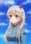  animal_ears anime_coloring bad_id bad_pixiv_id blonde_hair blue_eyes blue_sky blush cloud cloudy_sky day dog_ears eila_ilmatar_juutilainen extra_ears gradient_eyes long_hair mikomiko_(mikomikosu) military military_uniform multicolored multicolored_eyes open_mouth purple_eyes sky smile solo strike_witches uniform upper_body world_witches_series 