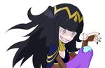  @_@ bangs black_hair blunt_bangs breasts cleavage commentary_request cosplay crossover derivative_work fire_emblem gold_trim hand_up hex_maniac_(pokemon) long_hair open_mouth parody pokemon pokemon_(game) pokemon_xy small_breasts smile solo tharja tharja_(cosplay) upper_body 