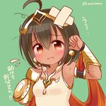  ahoge arm_up bangs bare_shoulders brown_eyes brown_hair collarbone crossed_bandaids dark_skin dress egyptian eyebrows_visible_through_hair flying_sweatdrops green_background hair_between_eyes hand_up head_tilt headdress ishtar_(puzzle_&amp;_dragons) looking_at_viewer marshmallow_mille parted_lips puzzle_&amp;_dragons short_hair simple_background sleeveless sleeveless_dress solo sweat tears translated twitter_username vambraces wavy_mouth white_dress 