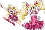  :d aegis_(nerocc) blonde_hair boots bow choker cure_peach earrings fresh_precure! hair_ornament heart heart_earrings heart_hair_ornament jewelry long_hair looking_at_viewer magical_girl momozono_love multiple_views open_mouth pink_bow pink_choker pink_eyes pink_footwear pink_skirt precure simple_background skirt smile twintails white_background 