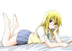  blonde_hair blue_eyes cellphone dresstrip drumsticks k-on! long_hair lying on_stomach phone saitou_sumire sakuragaoka_high_school_uniform school_uniform 