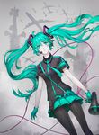  1girl aqua_eyes aqua_gloves aqua_hair aqua_skirt black_legwear gloves hatsune_miku headset koi_wa_sensou_(vocaloid) long_hair megaphone pantyhose parted_lips short_sleeves skirt solo twintails very_long_hair vocaloid 