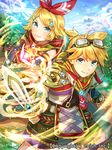  1girl bad_id bad_pixiv_id blonde_hair blue_eyes bow brother_and_sister commentary_request company_name crossover dragon_tactics goggles goggles_on_head hair_bow hair_ornament hairclip ichinose777 japanese_clothes kagamine_len kagamine_rin looking_at_viewer ponytail short_hair short_ponytail siblings smile sword twins vocaloid weapon 