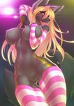  2015 anthro arm_warmers big_breasts black_fur blonde_hair blush breasts canine clothed clothing female fur hair half-dressed hi_res inside legwear long_hair looking_at_viewer mammal navel noah_(artist) nude open_mouth solo standing striped_legwear teeth thigh_highs tongue topless 