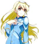  ascot bad_id bad_pixiv_id blonde_hair blue_shirt eyewear_on_head long_hair long_sleeves military military_uniform perrine_h_clostermann shiratama_(hockey) shirt solo strike_witches traditional_media uniform very_long_hair wide_sleeves world_witches_series yellow_eyes 