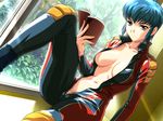  1girl biker_clothes bikesuit blue_hair bodysuit book breasts brown_eyes censored collarbone female game_cg highres houya_yukitoshi large_breasts legs looking_at_viewer navel no_bra no_panties open_clothes reversible serious short_hair sitting solo sugihara_shizuno thighs tight_pants window 