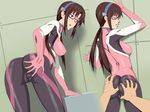 1boy 1girl against_wall ass ass_grab bent_over black_hair blue_eyes breasts cameltoe cottage erect_nipples eyes_closed from_behind glasses hairband highres large_breasts legs long_hair looking_away makinami_mari_illustrious neon_genesis_evangelion open_mouth plugsuit standing sweat thighs twintails 