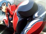  1girl ass bent_over biker_clothes bikesuit blue_hair bodysuit breasts cameltoe female from_behind game_cg houya_yukitoshi large_breasts looking_back red_eyes reversible serious short_hair solo spandex sugihara_shizuno sunlight thigh_gap thighs tight_pants underboob 