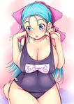  blue_eyes blue_hair blush bow breasts cleavage collarbone covered_nipples dragon_quest dragon_quest_v flora highres katori_(mocchidou) large_breasts long_hair one-piece_swimsuit open_mouth pink_bow price_tag school_swimsuit sideboob solo swimsuit swimsuit_pull 