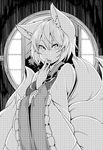  :p animal_ears commentary_request dress fox_ears fox_tail frilled_sleeves frills greyscale monochrome multiple_tails no_hat no_headwear short_hair tabard tail tamahana tongue tongue_out touhou wide_sleeves yakumo_ran 